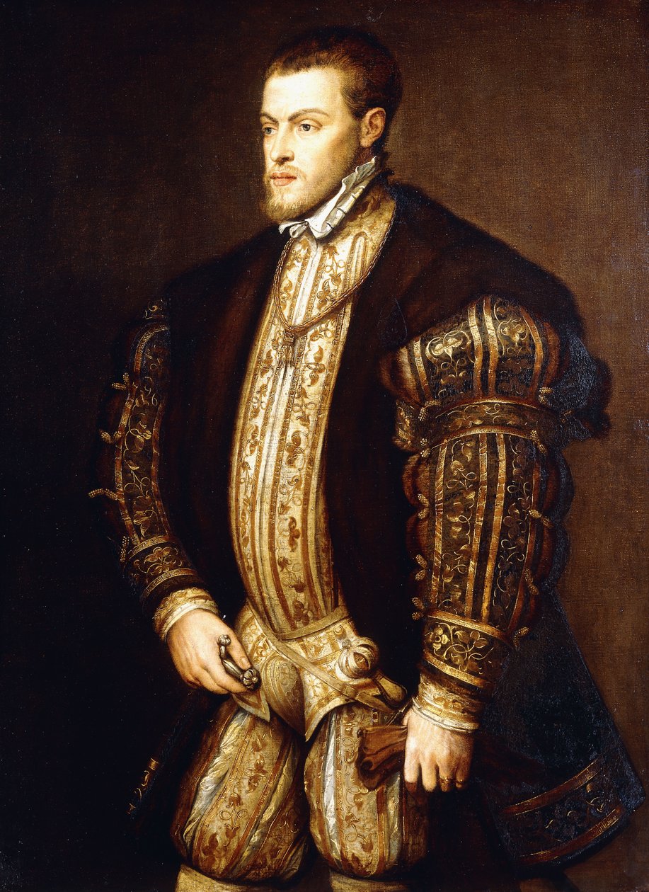 Portrett av kong Filip II av Spania, trekvart lengde, iført halv rustning og merket for ordenen av det gylne skinn, av Tiziano Vecelli