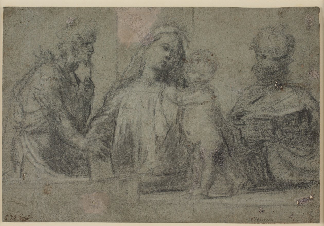 Halvlange figurer av en madonna og et barn flankert av døperen Johannes og Peter av Tizian