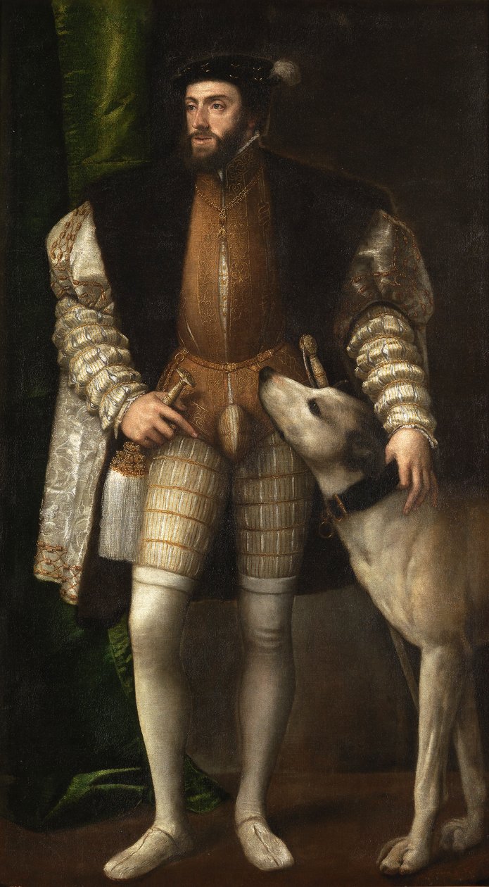 Keiser Charles V med en hund av Tiziano Vecelli