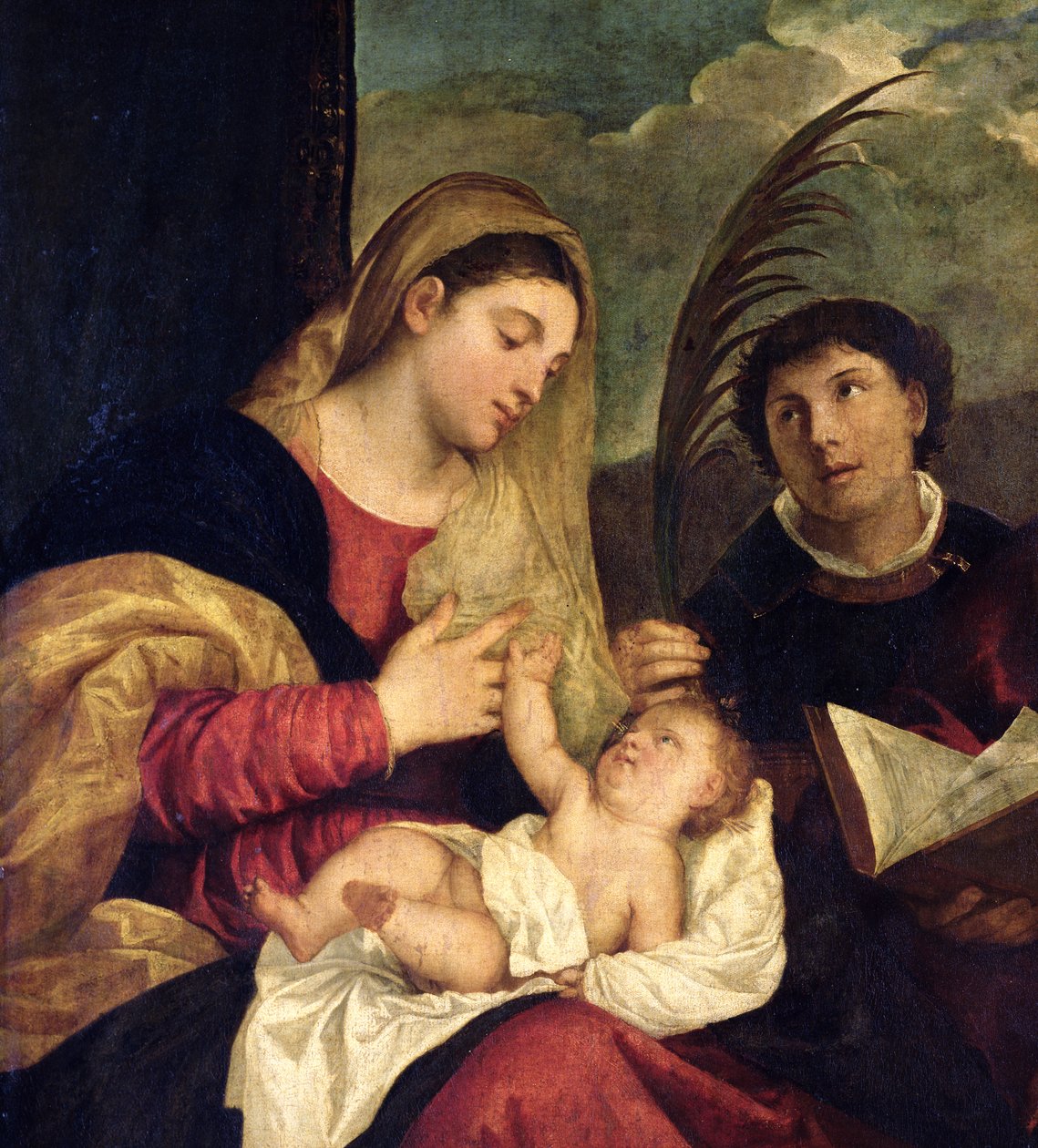 Madonna og barn med SS. Stephen, Jerome og Maurice (detalj av 108505) av Tiziano Vecelli