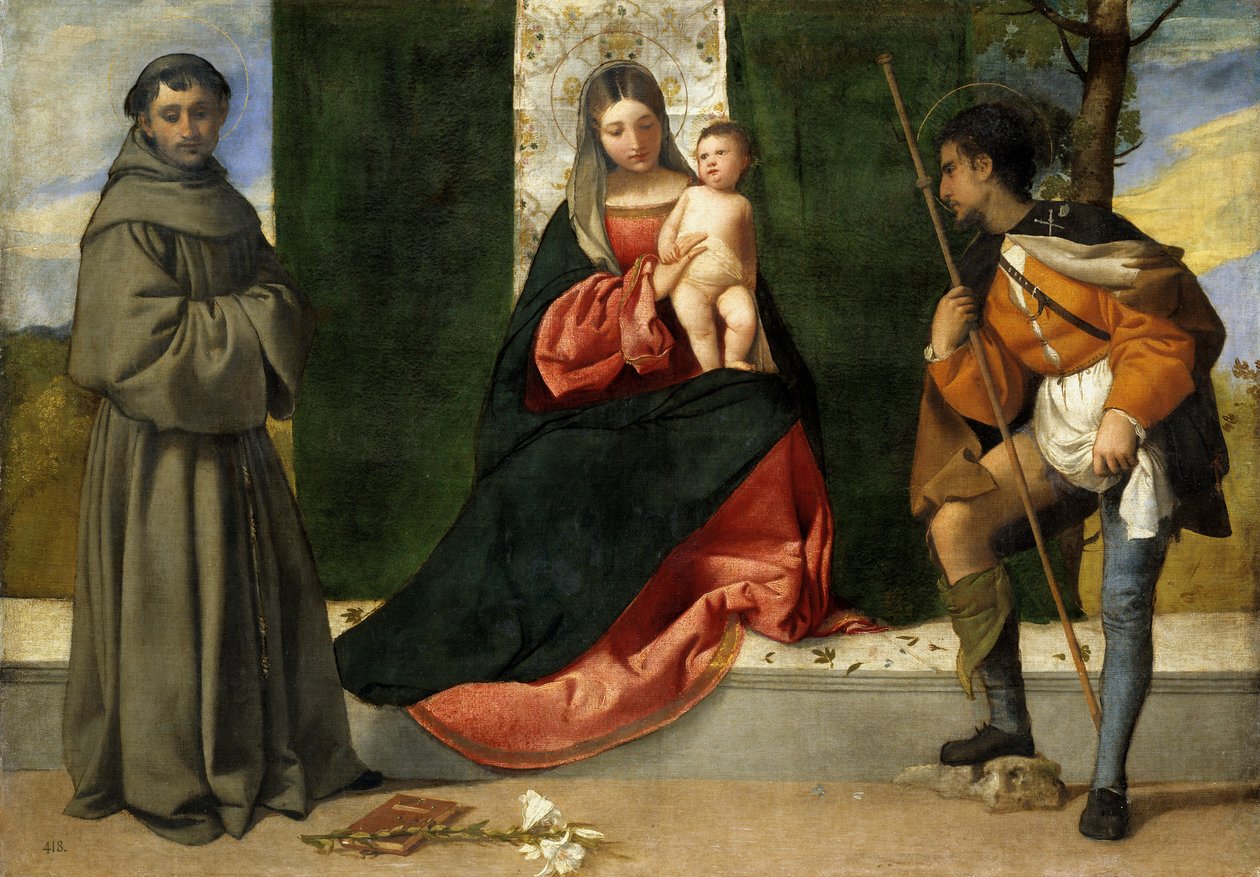 Jomfruen og barnet mellom Saint Anthony of Padua og Saint Roque av Tiziano Vecelli