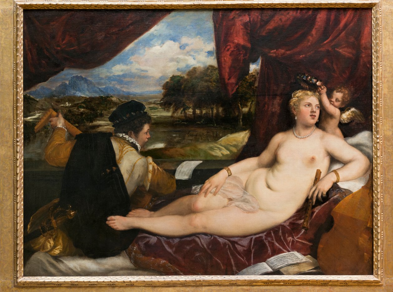 Venus og Amor med en lutspiller, 1555-65 av Tiziano Vecelli