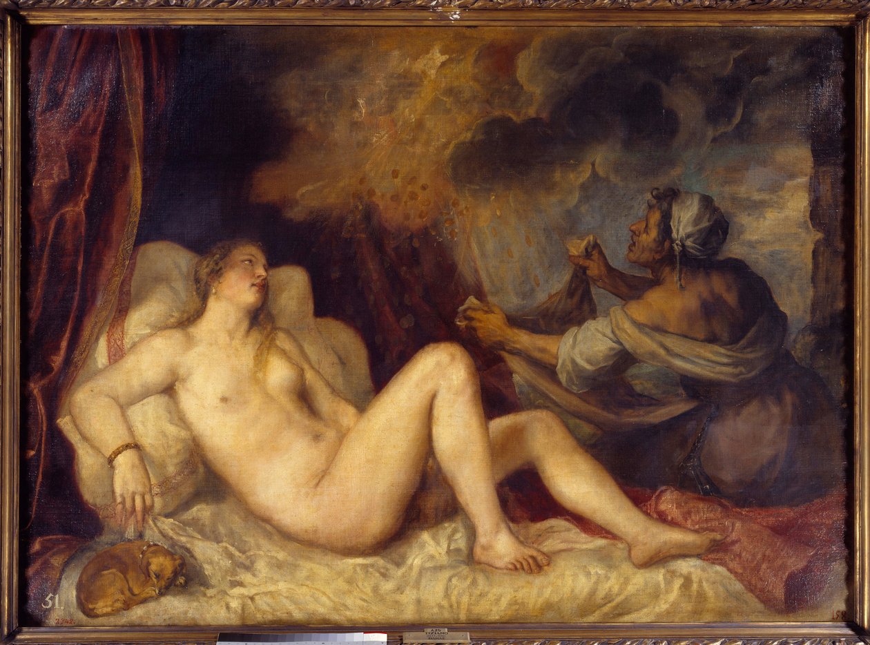 Danae mottar gullregnet Zevs kommer til Danae for å forføre det i form av et regn av gullmynter. Maleri av Tiziano Vecellio kalt The Titian (1488-1576) 1553 Sun. 1,29x1,8 m Madrid, Prado-museet av Tiziano Vecelli