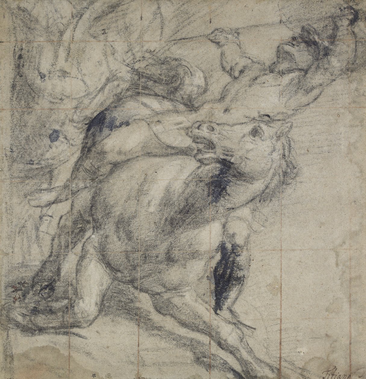 Hest og rytter faller, ca. 1537 (svart kritt på grått papir) av Tiziano Vecelli