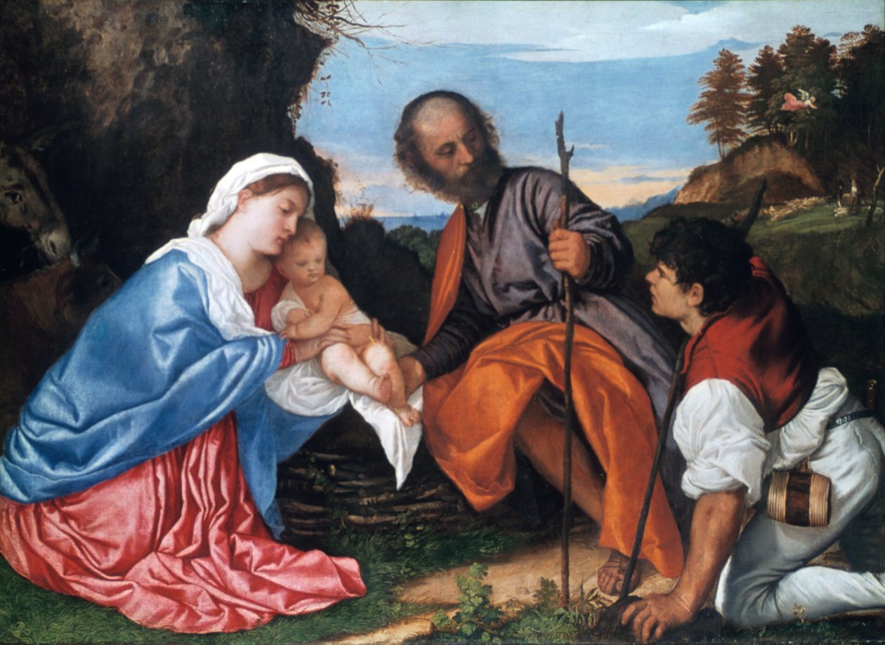 Den hellige familie med en hyrde, c1510 av Tiziano Vecelli