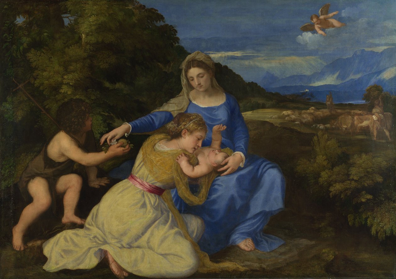 Jomfruen og barnet med den unge døperen Johannes The Aldobrandini Madonna, ca 1532 av Tiziano Vecelli