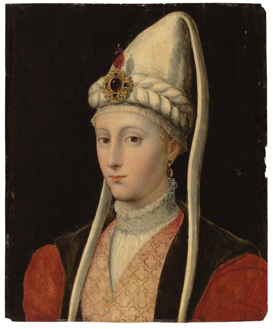 Portrett av en kvinne, muligens Haseki Hürrem Sultan, kalt Roxelana, bystelengde, i osmansk drakt, med hodeplagg med juveler av Tiziano Vecelli