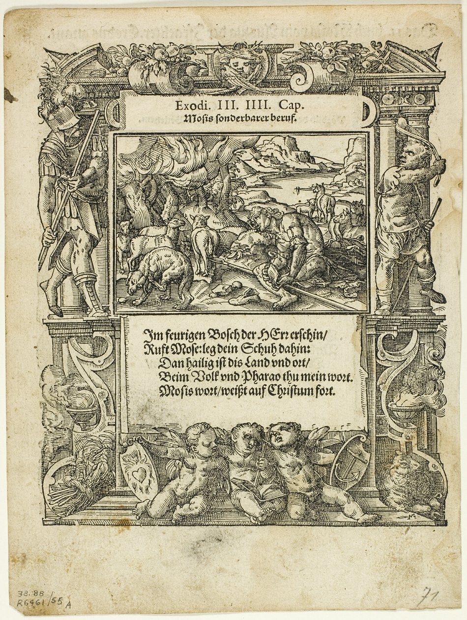 Moses and the Burning Bush (recto) og The Infant Moses Put into the River (verso) fra Neue künstliche Figuren biblischer Historien, plate 55 fra Woodcuts from Books of the XVI Century av Tobias Stimmer