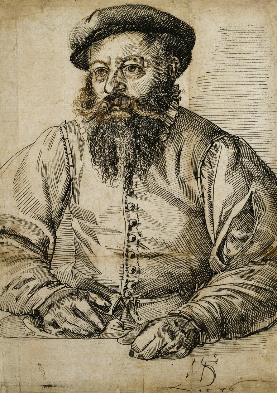 Portrett av en skjeggete mann, halv lengde, sittende ved et bord, av Tobias Stimmer