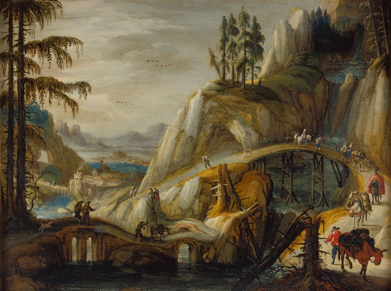 Reisende i et alpint landskap (olje på panel) av Tobias Verhaecht