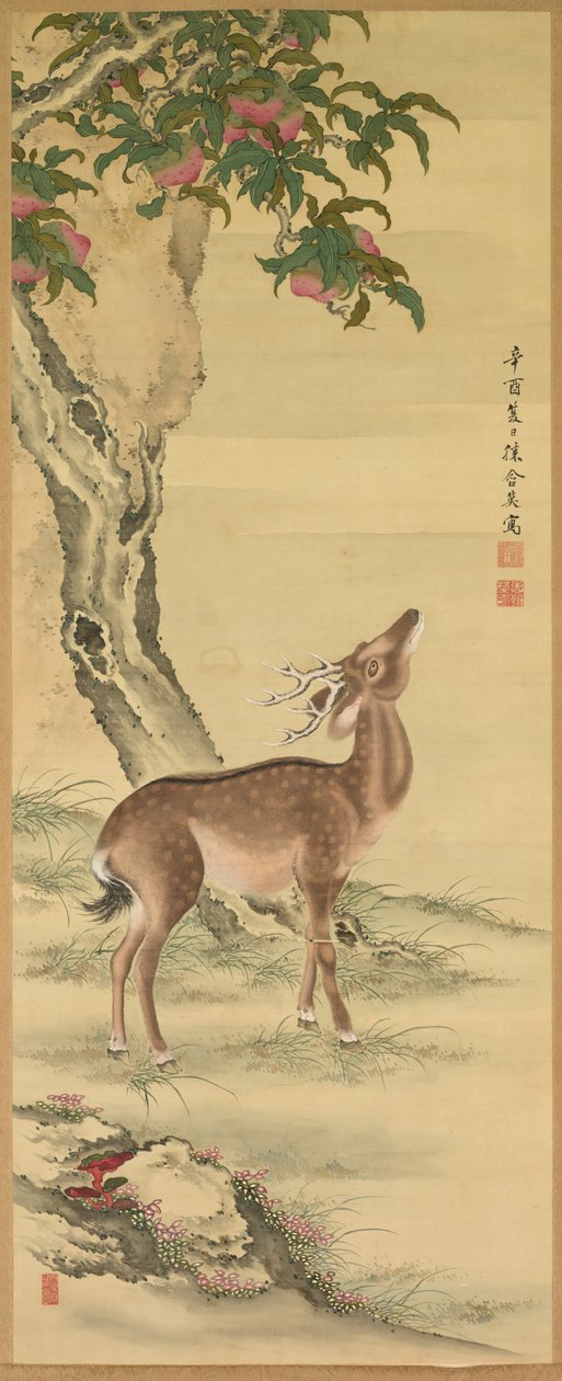 Symboler for lang levetid: Deer under Peach and Pine, 1801. av Toda Tadanaka