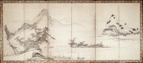 Reisende på en bro ved innsjøen, ca. 1700 (blekk og farger på papir) av Toetsu Toetsu