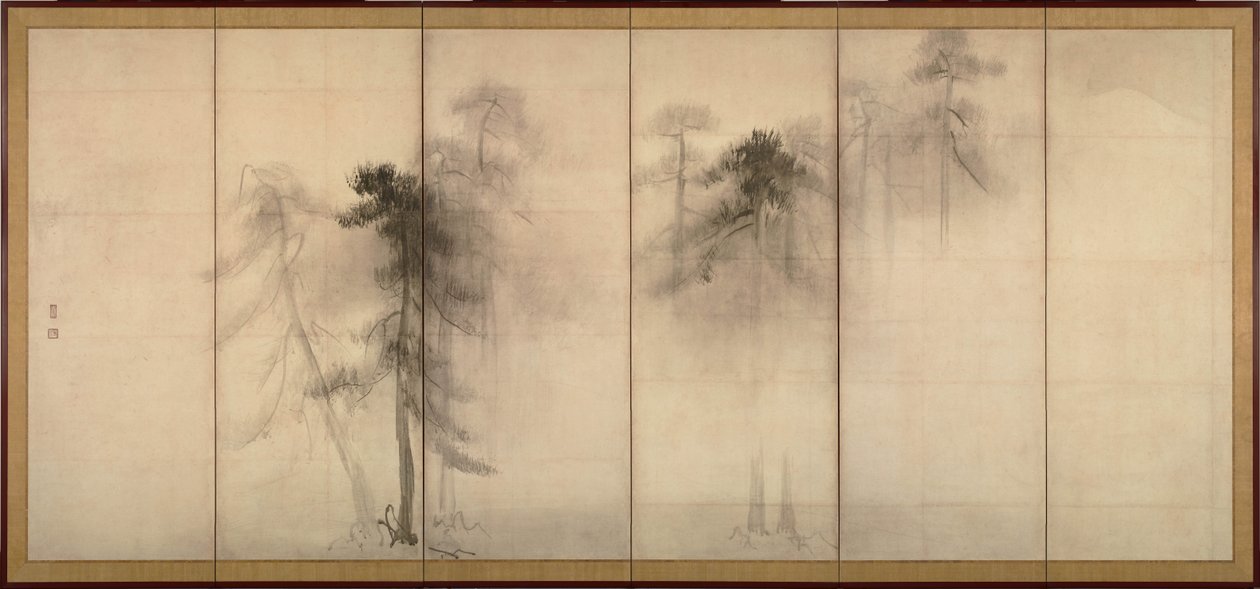 Pine Trees Venstre av et par seksdelte foldeskjermer, 1500-tallet av Hasegawa Tohaku
