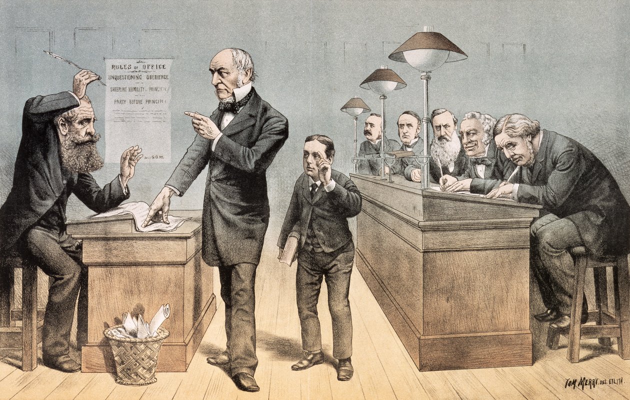 Mr Gladstone og hans kontorister, fra 'St. Stephen's Review Presentation Cartoon', 1. mai 1886 av Tom Merry
