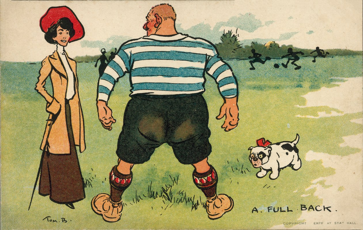 Stor fotballspiller med en kvinne som lufter hunden sin (fargelitografi) av Tom Browne