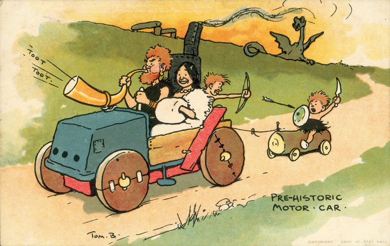 Forhistorisk bil (fargelitografi) av Tom Browne