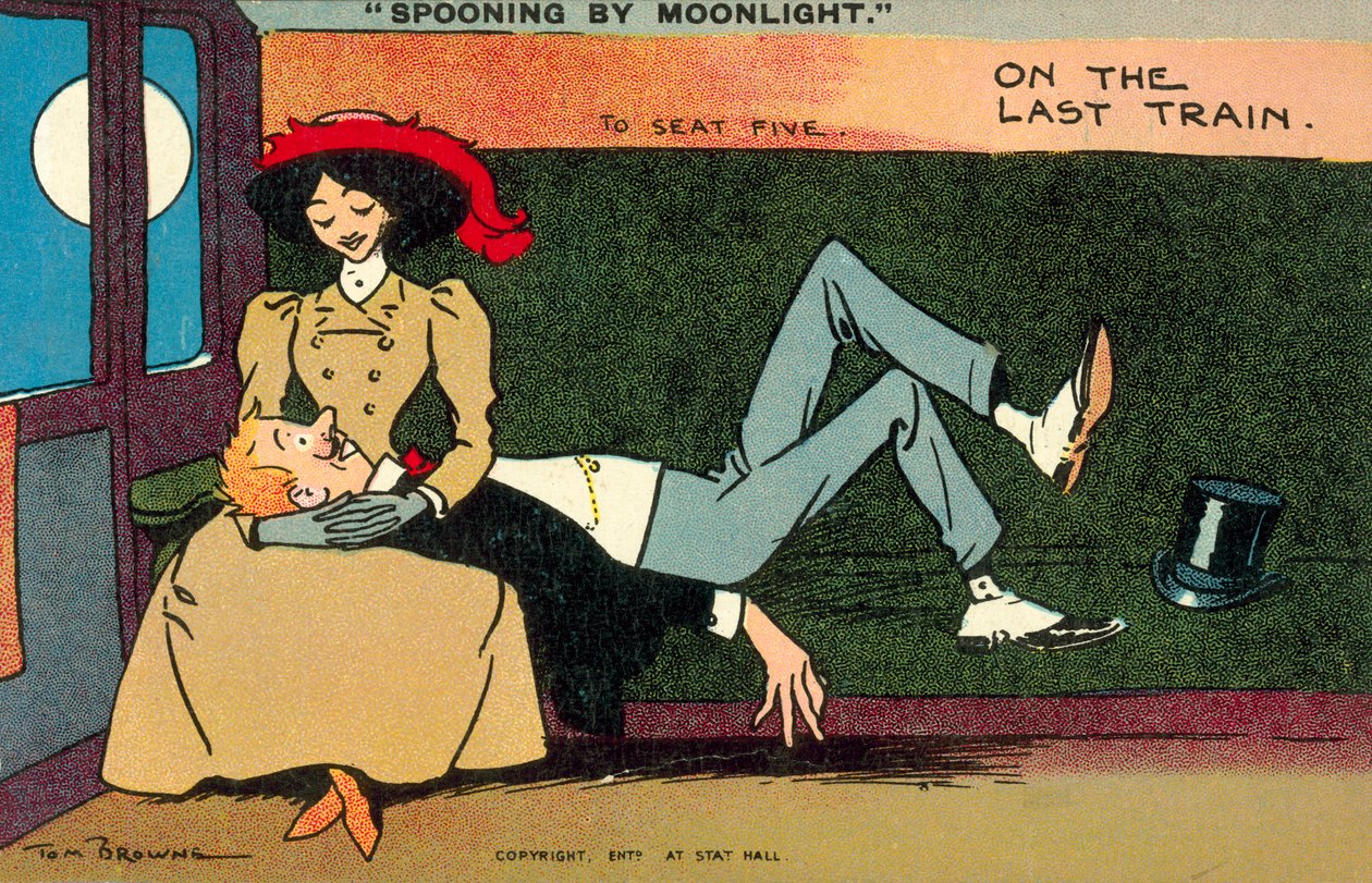 Skjeing i måneskinn, på det siste toget (fargelitografi) av Tom Browne