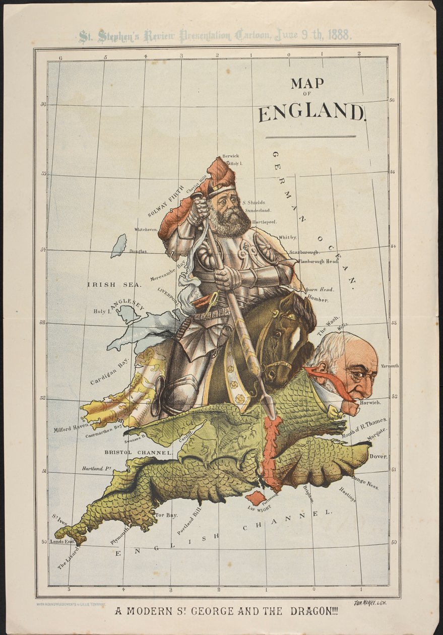 A Modern St George and the Dragon: En politisk tegneserie, i form av et kart over England, som satiriserer Gladstones parlamentariske nederlag over det irske hjemmestyret. St. Stephen