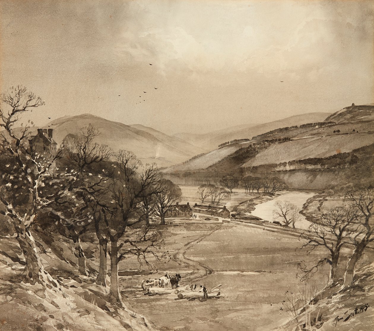 Ettrick-dalen nær Selkirk (grisaille) av Tom Scott