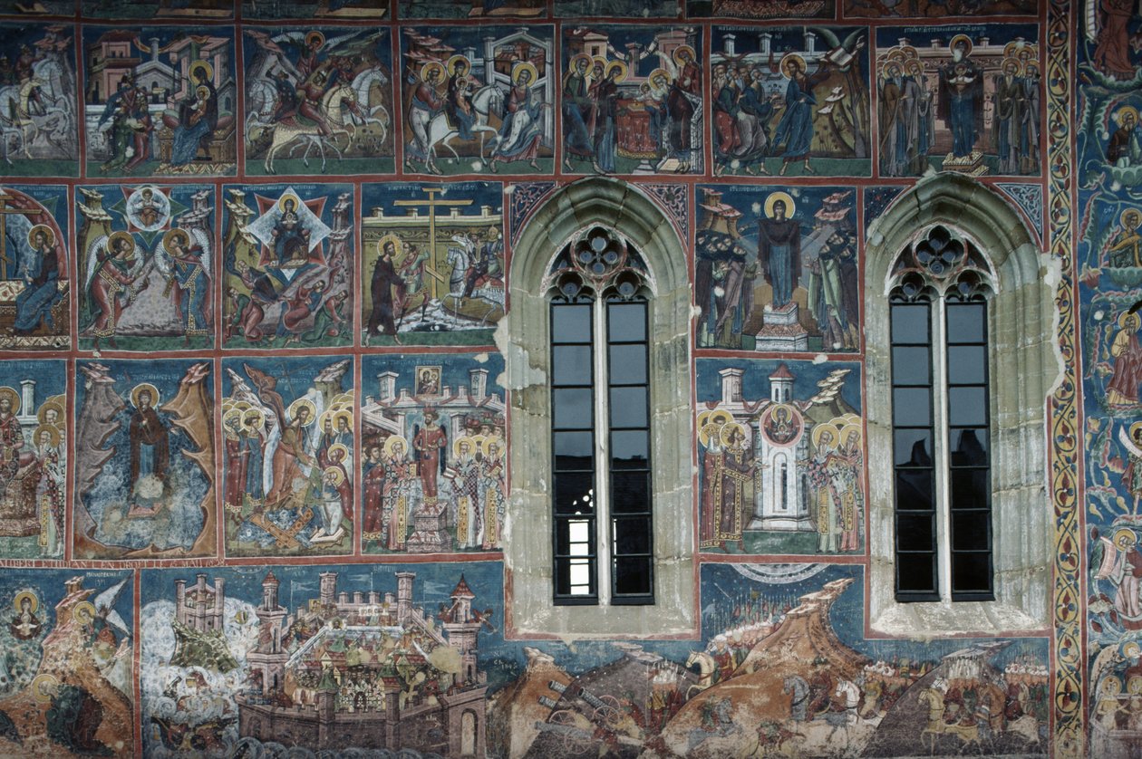 Helligefigurer, freskomaleri på ytterveggene til Moldovita kloster av Toma de la Suceava