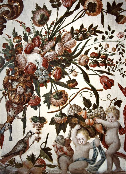 Innredning livliggjort med blomster, putti og en fugl (se også 387308) av Tomas Ferrer