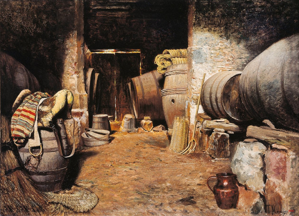 Innersiden av en celle. Fjøs med tønner i høy og hestesadel. Maleri av Tomas Moragas Y Torras (1837-1906), slutten av 1800-tallet. Olje på lerret. Barcelona, Catalonias nasjonale kunstmuseum. av Tomas Moragas y Torras