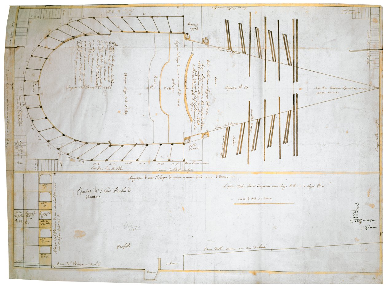 Planløsning for Teatro Santi Giovanni e Paolo i Venezia, designet av Carlo Fontana, 1654 (blekk i papir) av Tomaso Bezzi