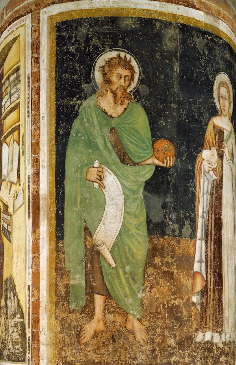 St Agnes og St John Baptist, detalj fra kolonne dekorert av Tommaso da Modena (1325 eller 1326-før 1379), fresco, St Nicholas Church, Treviso, Italia av Tomaso da (late 15th century) Modena
