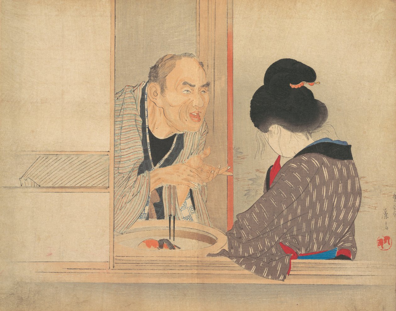 A scolding Ochiyo, illustrasjon fra Bugei Kurabu Literary Club. av Tomioka Eisen