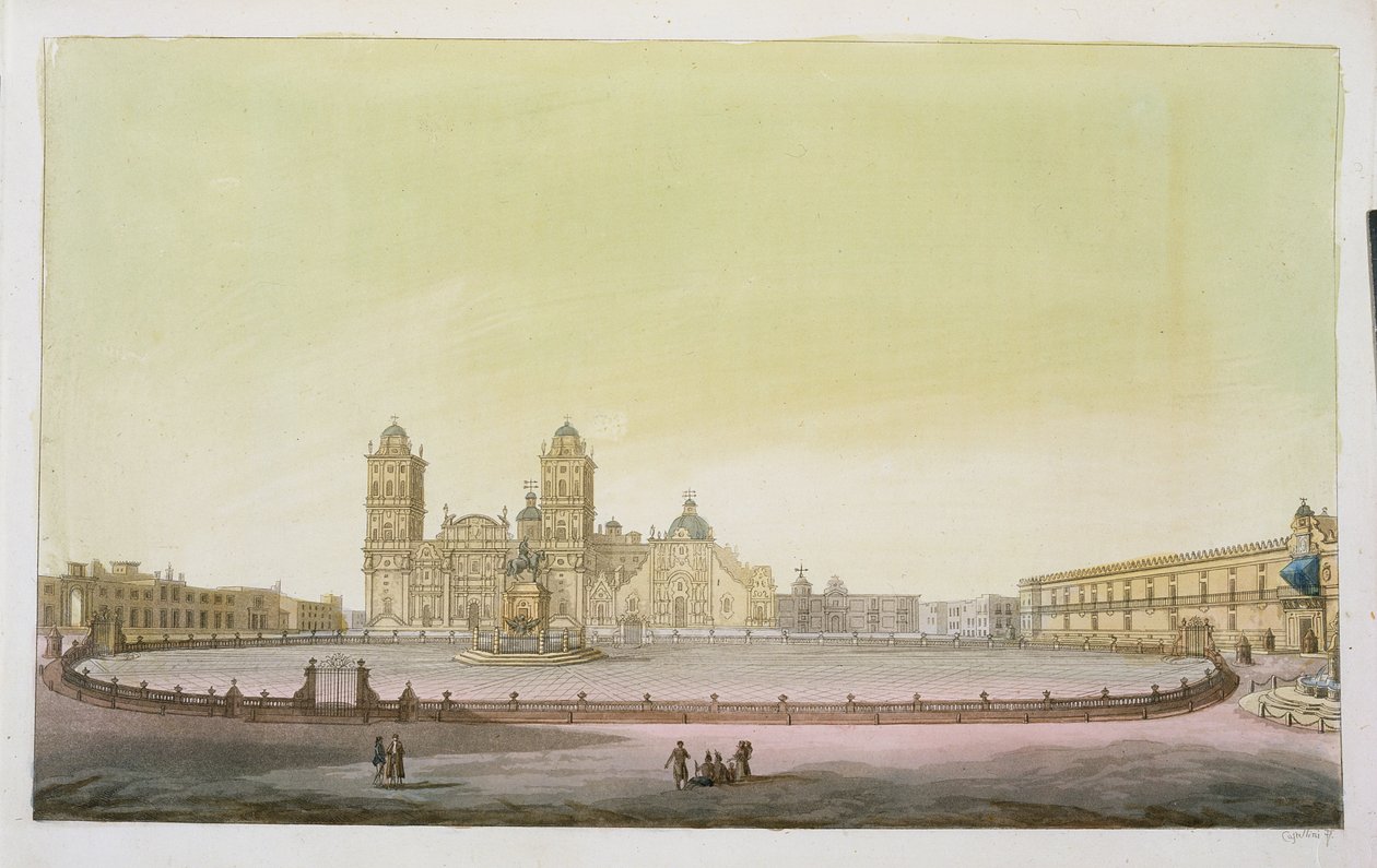 Utsikt over hovedtorget i Mexico City (fargegravering) av Tommaso Castellini