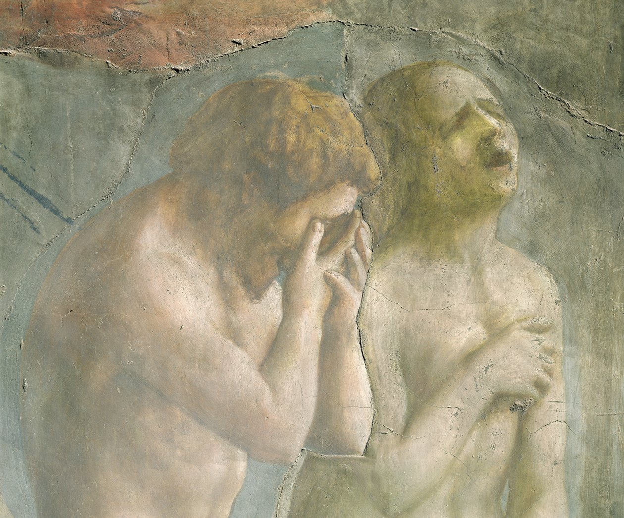 Adam og Eva forvist fra paradis, ca. 1427 (detalj) (forhåndsrestaurering) (se også 63190) av Tommaso Masaccio