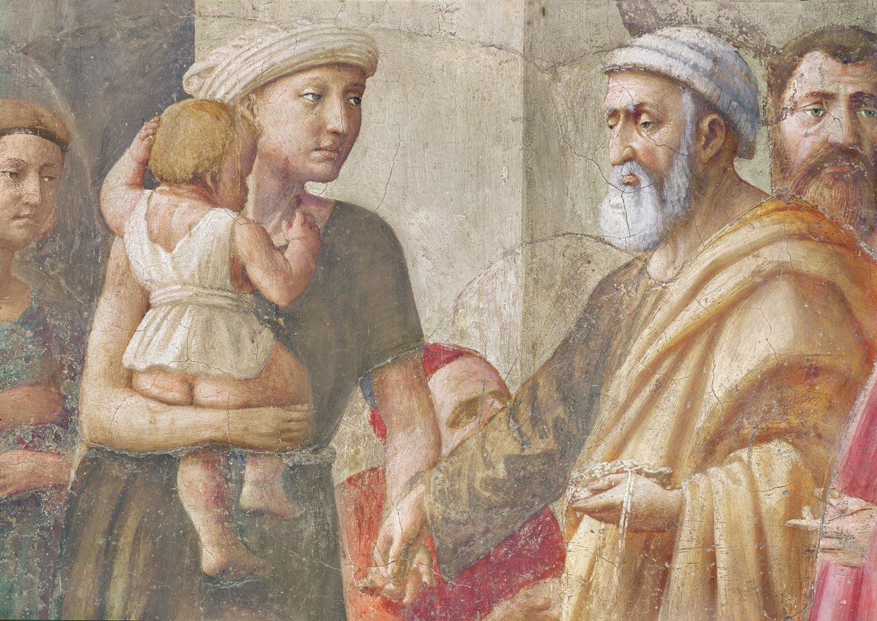 Detalj av St. Peter og kvinnen og barnet, fra St. Peter og St. Paul Distributing Alms, ca. 1426 (fresco) (detalj av 57194) av Tommaso Masaccio