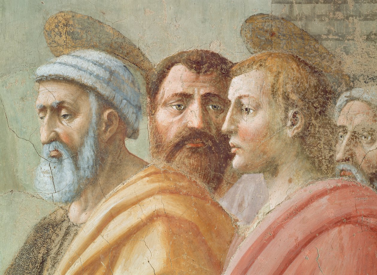 St. Peter som distribuerer kirkens fellesgoder og Ananias død: detalj av ansikter, inkludert St. Peter, ca. 1427 av Tommaso Masaccio