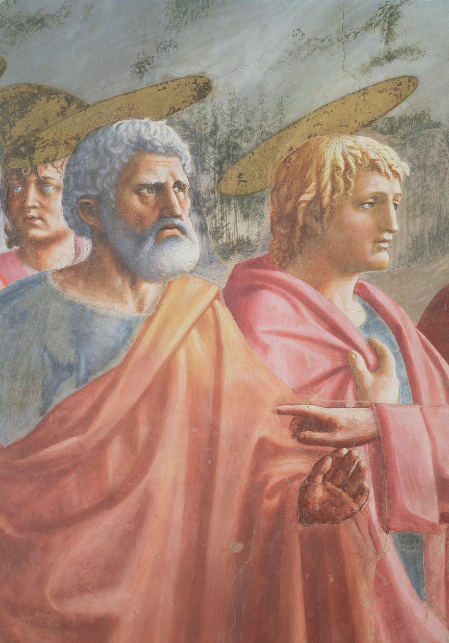 Hyllestpenger: St. Peter befalt av Kristus å fange en fisk, også St. Johannes evangelisten, ca. 1427 av Tommaso Masaccio