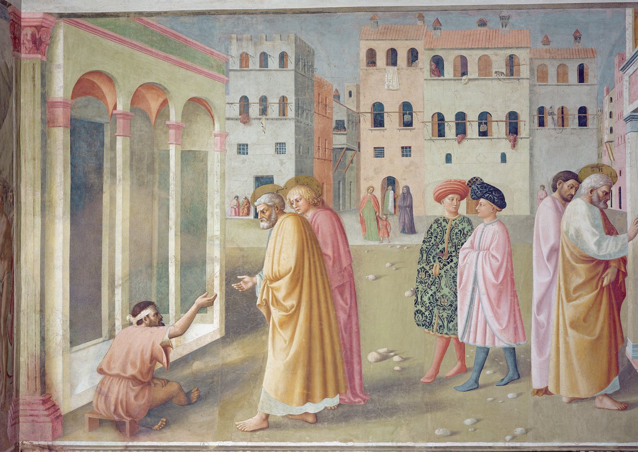 St. Peter helbreder en krøpling, ca. 1427 (detalj av 57195) av Tommaso Masolino da Panicale