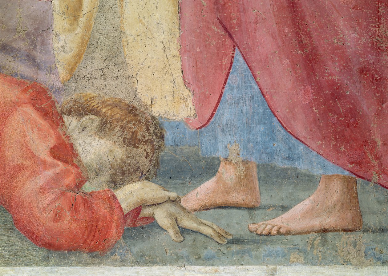 Fristelsen til Adam og Eva Detalj av Eva og slangen, freskomaleri ca. 1427 se også 60316 62320e: Detalj av fristelsen til Adam og Eva, freskomaleri ca. 1427, se også 60316 & 63319 av Tommaso Masolino da Panicale