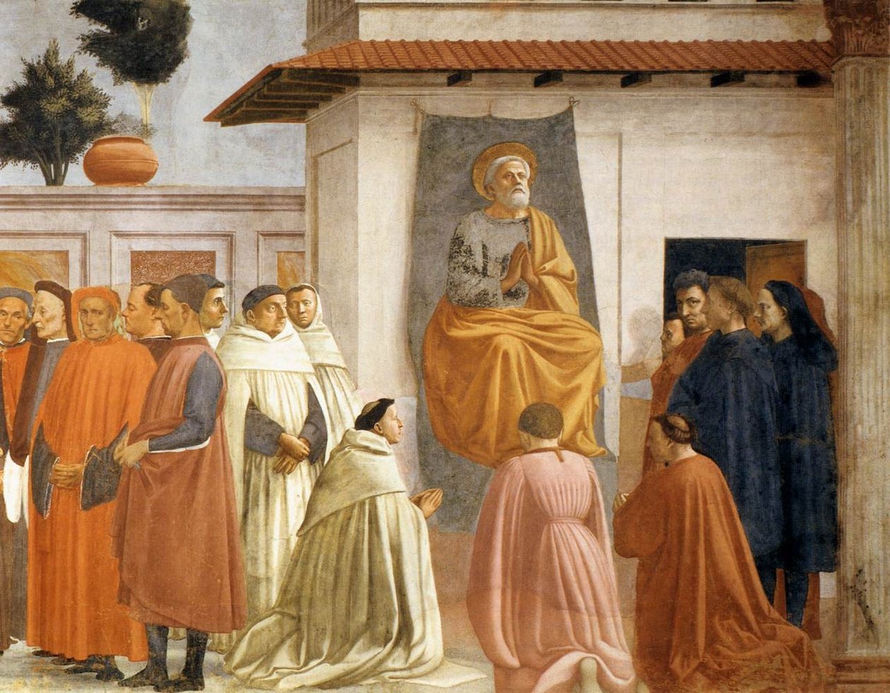 Oppfostring av sønnen til Theophilus og St Peter Enthroned (detalj) av Tommaso si Ser Giovanni di Simone