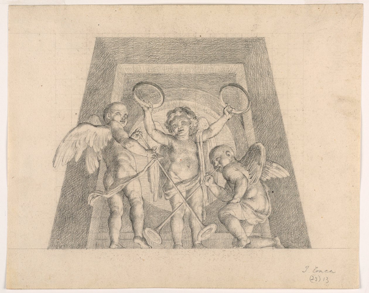 Tre putti med tamburiner og trompeter, design for Lunette fra Sala delle Muse, Museo Pio-Clementino, Vatikanet av Tommaso Maria Conca