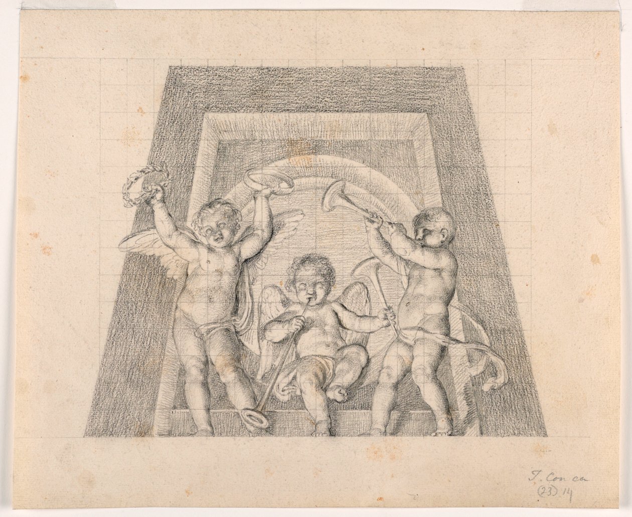 Tre Putti med trompeter, Design for Lunette fra Sala delle Muse, Museo Pio-Clementino, Vatikanet av Tommaso Maria Conca