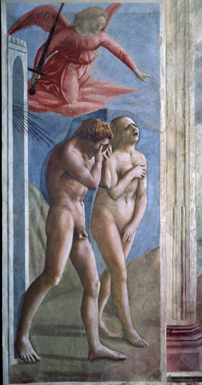 Adam og Eva jakter ut av himmelen. (fresko av Tommaso Masaccio