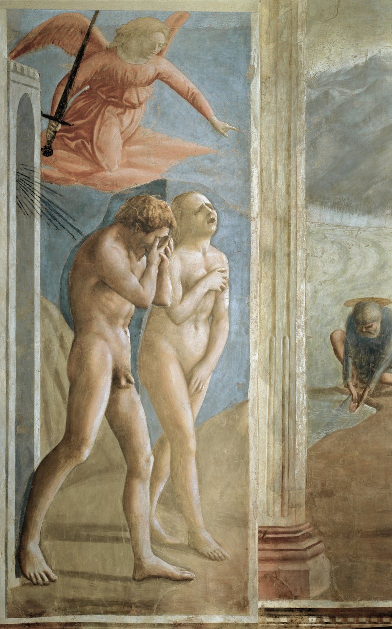 Utvisning fra Edens hage (La Cacciata) - Adam og Eva jakter fra Edens hage - Fresco av Tommaso di ser Giovanni di Mone Cassai dit Masaccio (1401-1428), 208x88 cm av Tommaso Masaccio