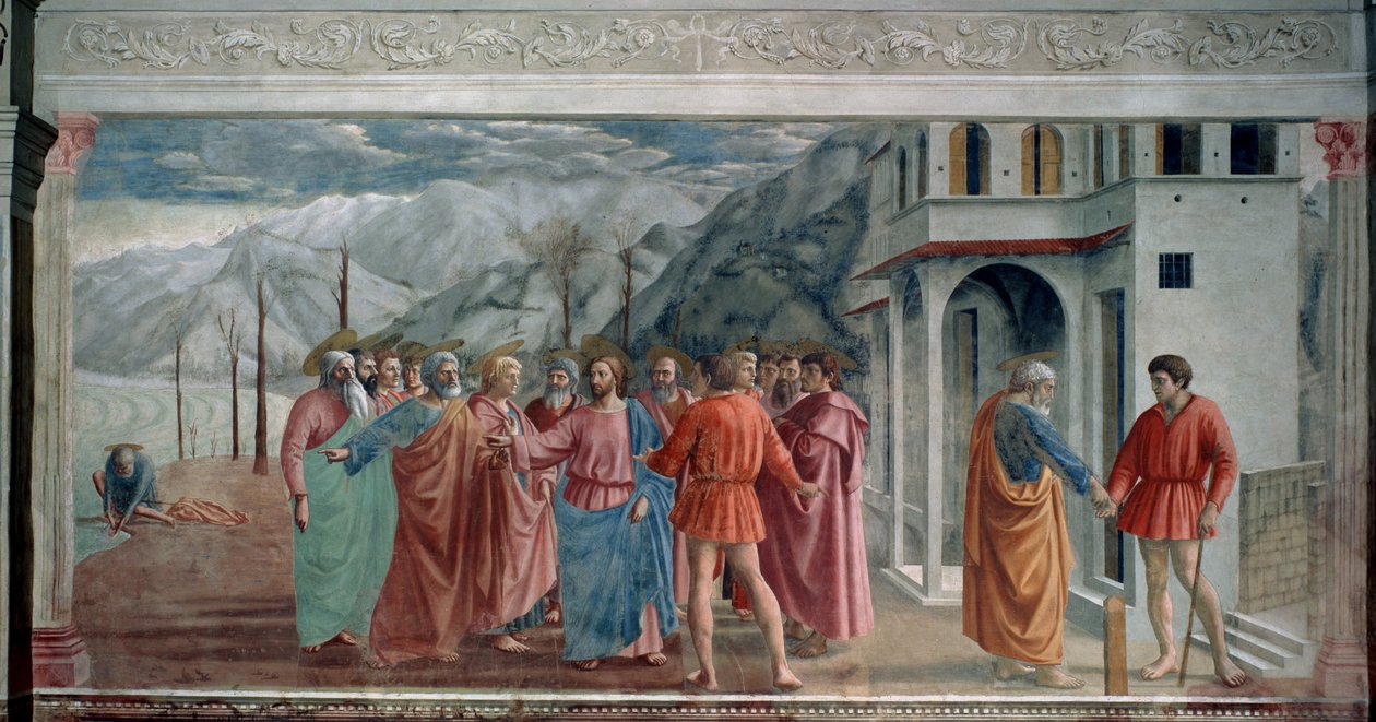 Utbetalingen av hyllesten (The Tribute Money). Jesus og apostlene ankommer Kapernaum (eller Kefar Nahum, byen Galilea, i dag i Israel) hvor de må betale skatt for å komme inn. Til venstre forklarer Jesus til Peter at han må fange en fisk i av Tommaso Masaccio