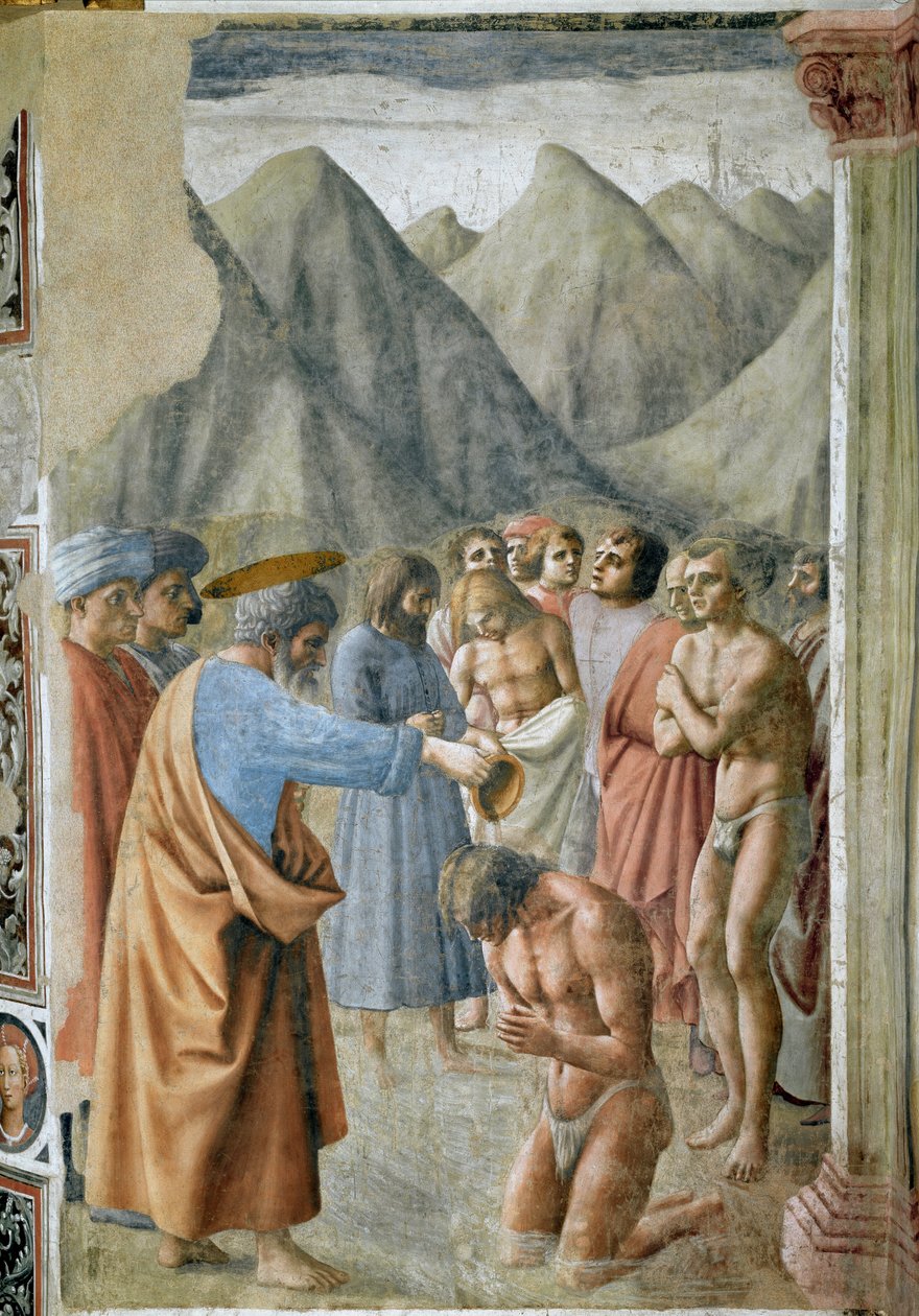 Sankt Peter som døper neofyttene (St. Peter som døper nyfødte) Fresco av Masaccio (Tommaso di ser Giovanni di Mone Cassai) (1401–1428) 1425–1427 Dim 229,9x161,9 cm Firenze kirke Santa Maria del Carmine, Brancacci kapell av Tommaso Masaccio