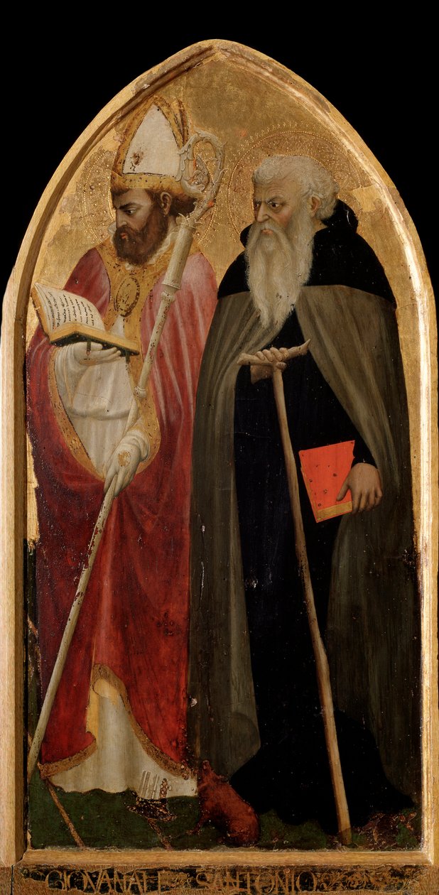 San Giovenale Triptych: høyre panel med Saint Anthony the Great og Saint Juvenal (Giovenale) - altertavle av Tommaso Masaccio