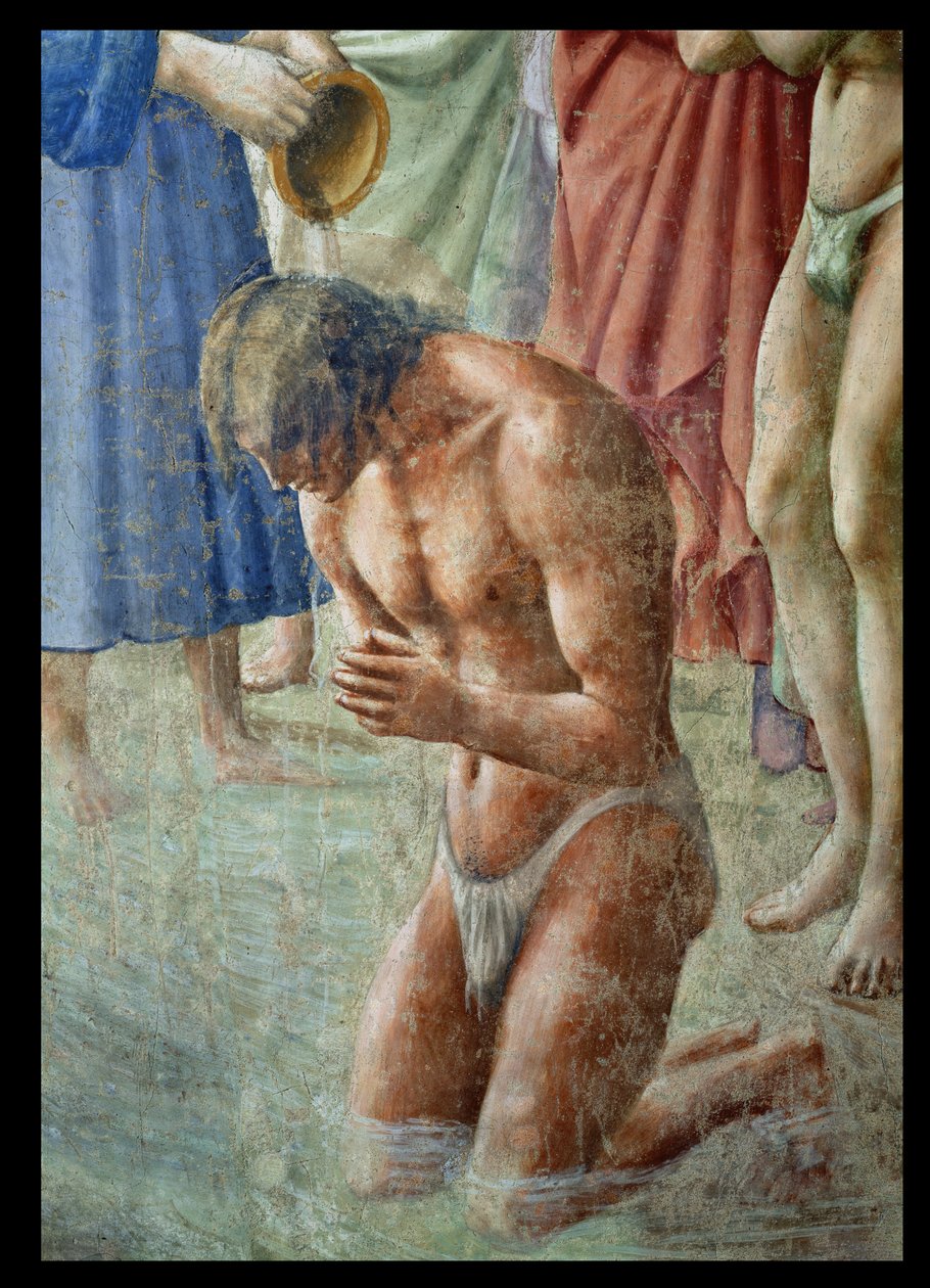 St. Peter som døper neofyttene, detalj av neofytten, freskomaleri ca. 1427, se også 63311 av Tommaso Masaccio