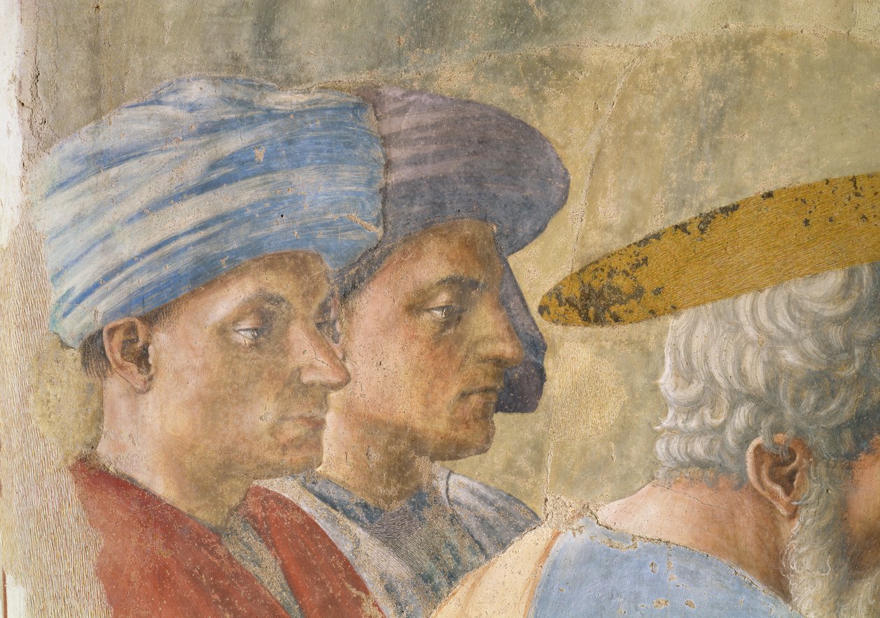 St. Peter som døper neofyttene: detalj av to turbannede observatører, freskomaleri ca. 1427 av Tommaso Masaccio