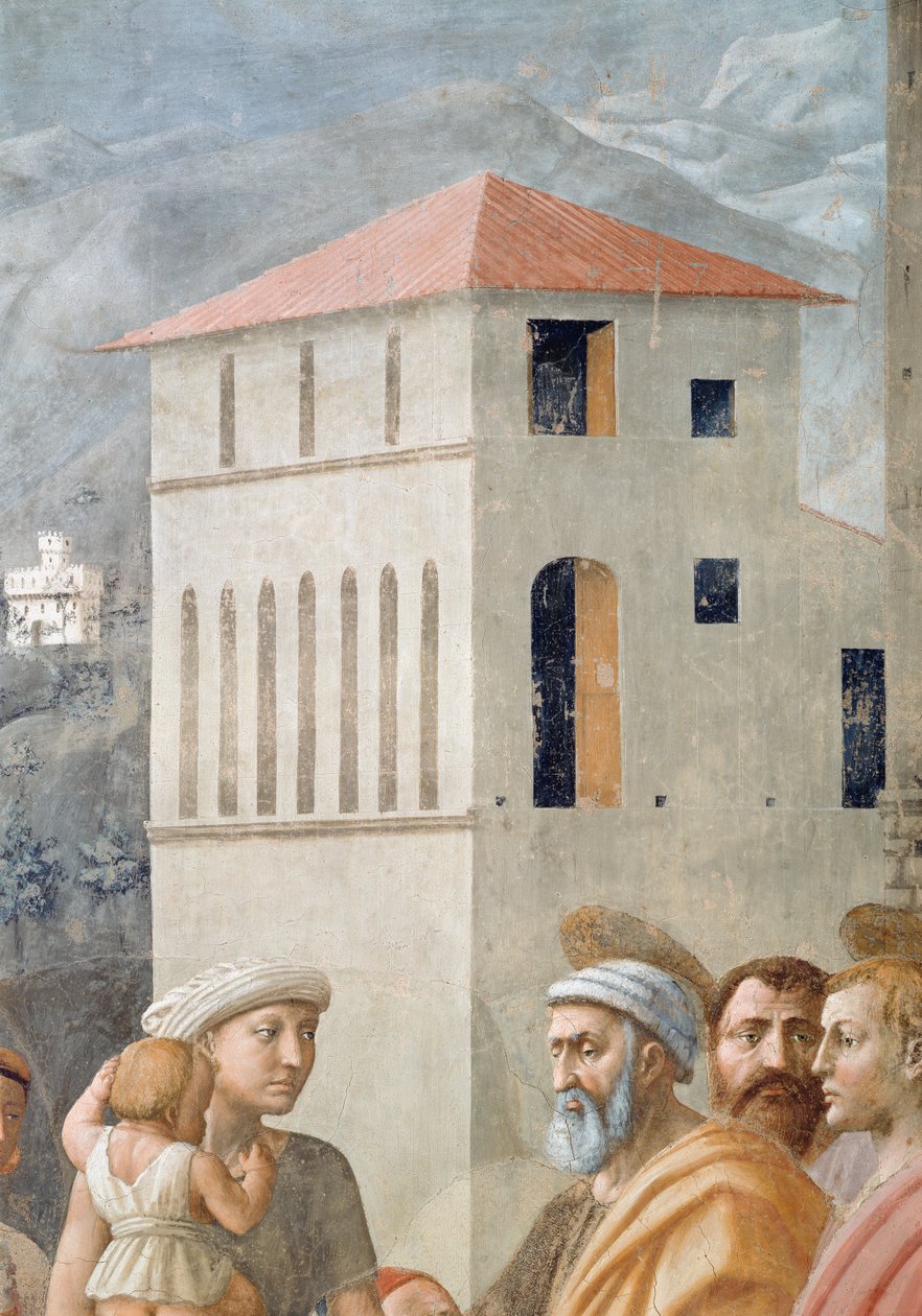 St. Peter som distribuerer kirkens fellesgoder, og Ananias død, Detalj av bakgrunnsarkitekturen, freskomaleri ca. 1427, se også 57194, 63321 og 63322 av Tommaso Masaccio
