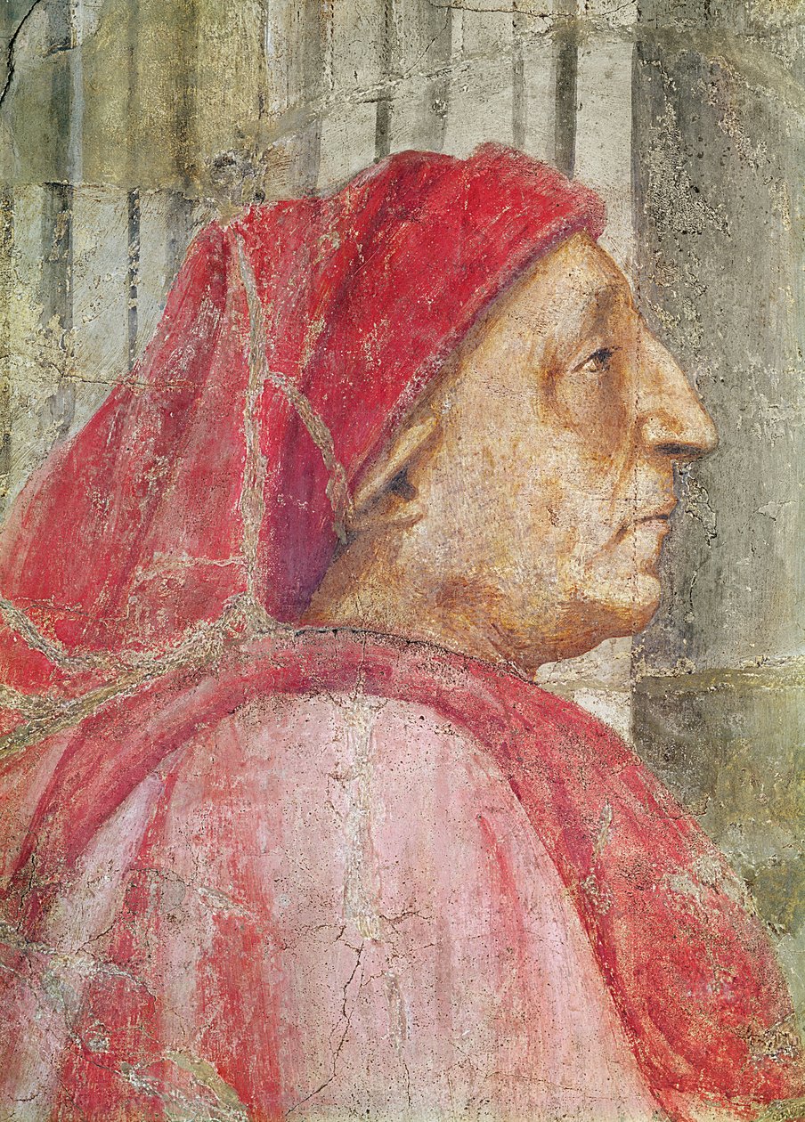 Den hellige treenighet, detalj av hodet til den mannlige giveren, 1427-28 freskomaleri fra 173689 av Tommaso Masaccio