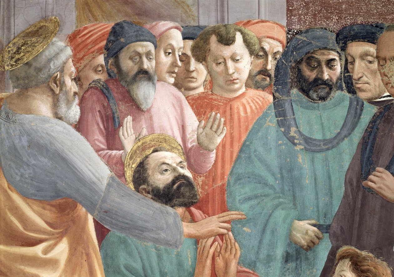 Oppdragelsen av sønnen til Theophilus, konge av Antiokia Detalj av SS. Peter og Paul og ansikter i mengden, freskomaleri ca. 1427, se også 63302 av Tommaso Masaccio