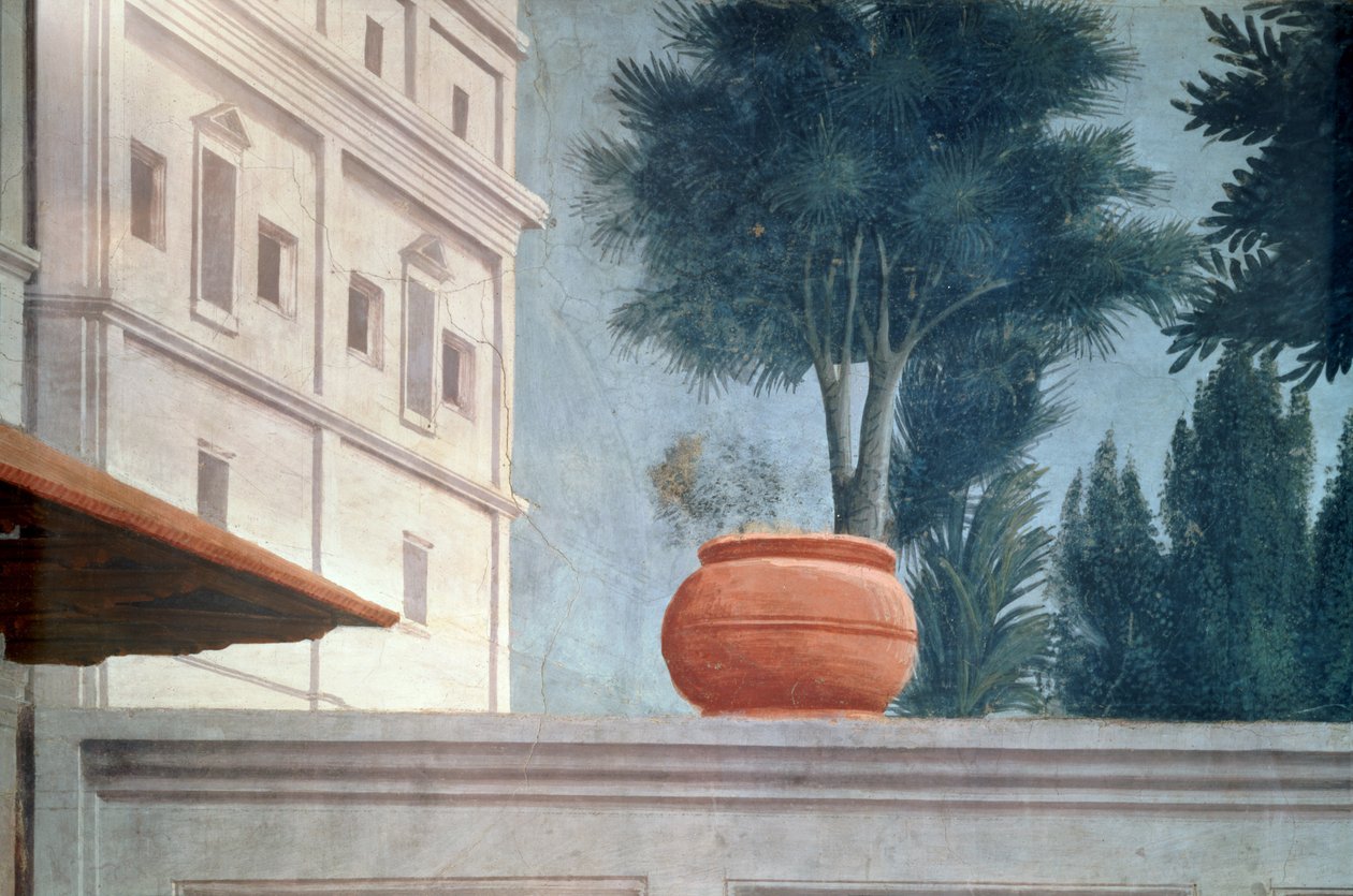 The Raising of the Son of Theophilus, King of Antiokia Detalj av utsikten over gårdsmuren, freskomaleri ca. 1427, se også 63302 av Tommaso Masaccio